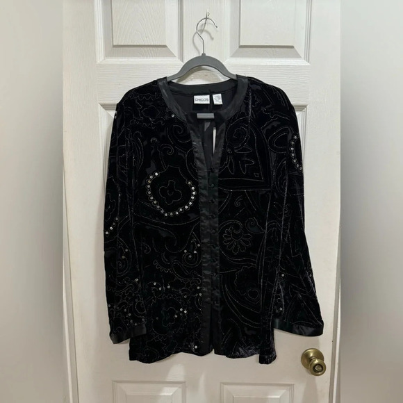 Chicos Sparkling Night Delaney Tunic Silk Blend Long Sleeve Button Up Sz 2 Large - Picture 1 of 8
